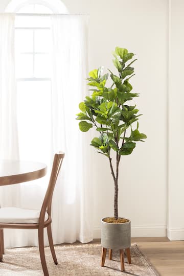 Kate and Laurel Fidmont 6ft. Faux Fiddle Fig Tree in Gavri Wood Footed Planter